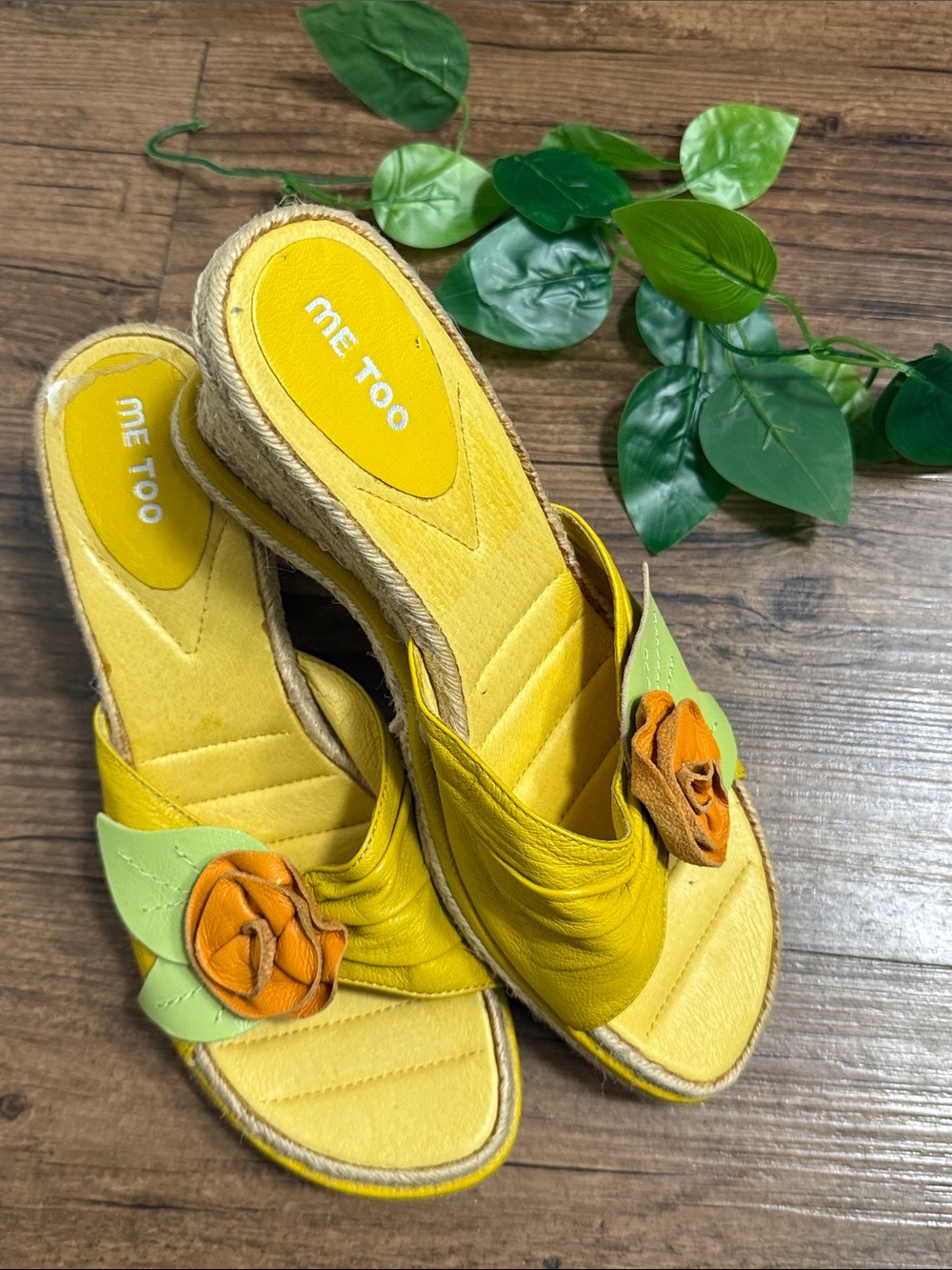 Me Too Genuine Leather Yellow Slide Mules with Orange  and Green Flower Accent🔥